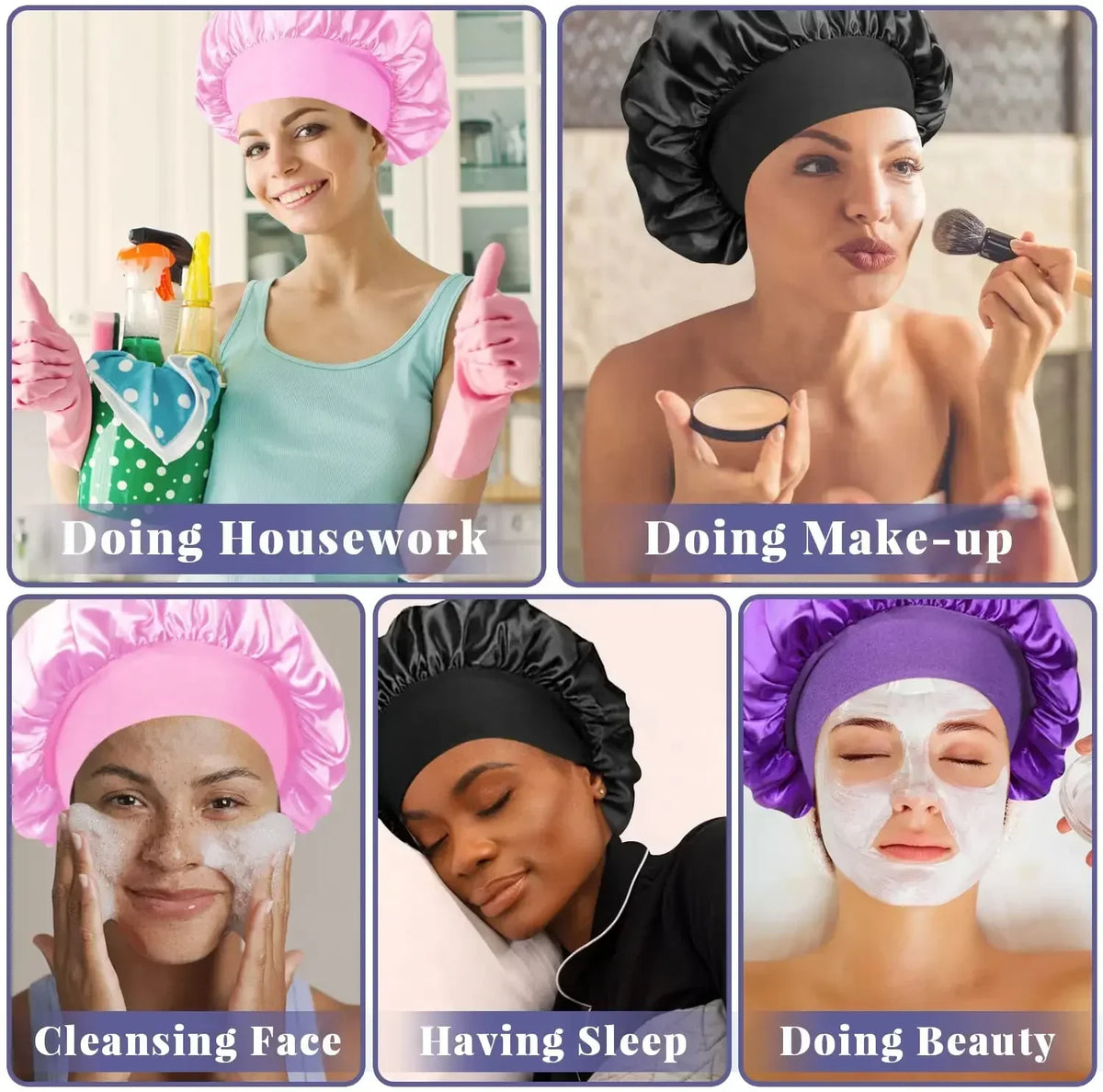 Collage verschiedener Beauty-Routinen: Hausarbeit, Make-up, Gesichtsreinigung, Schlaf und Schönheitspflege
