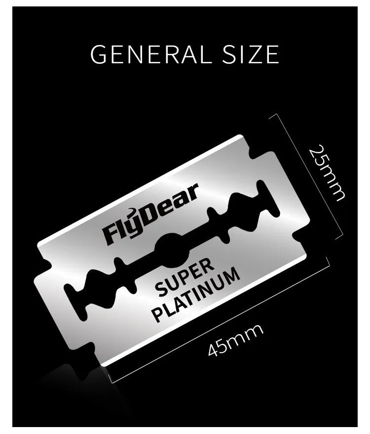 A silver double edge shaving razor blade labeled General Size and Super Platinum with dimensions 25mm and 45mm.