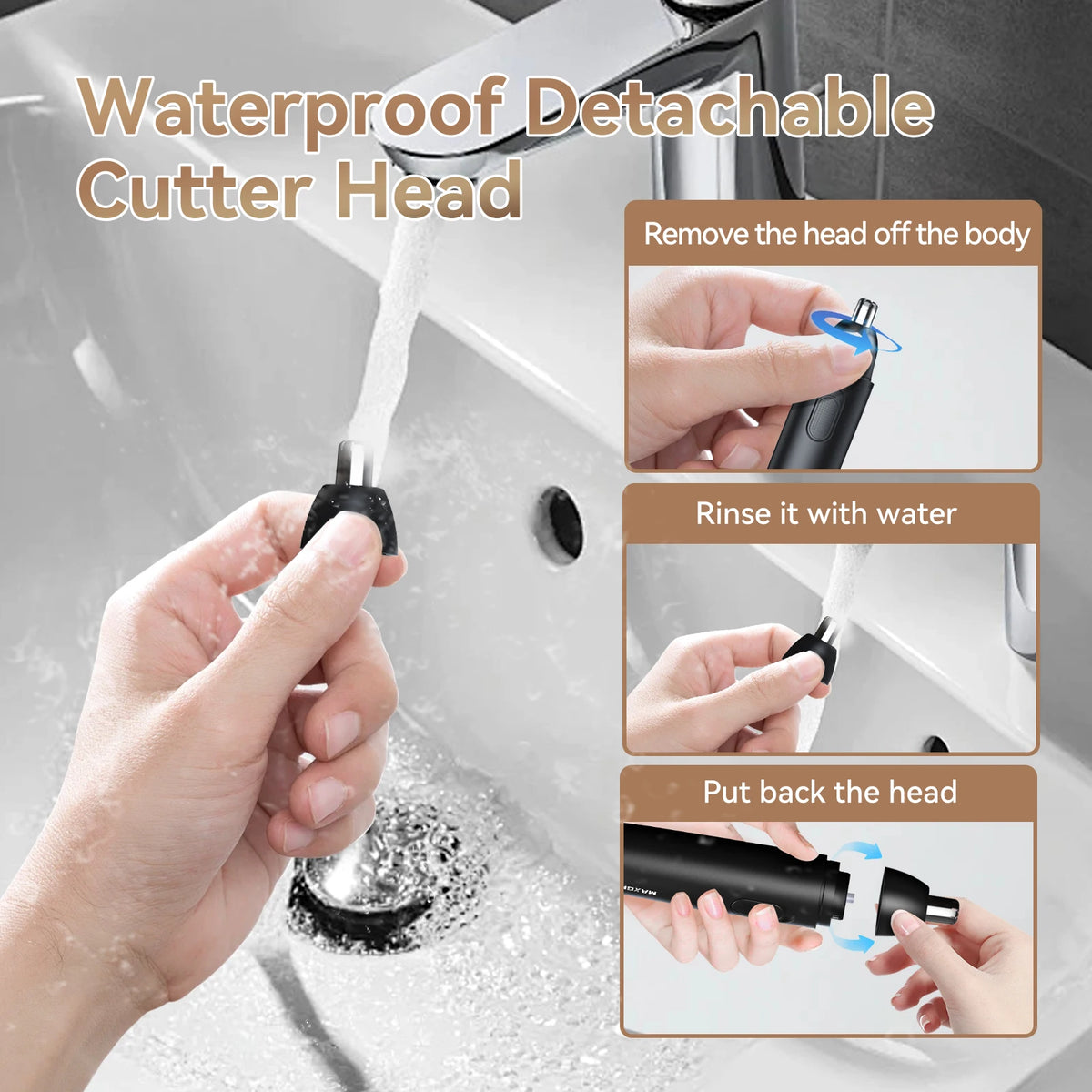 A hand is rinsing a waterproof detachable cutter head from a sink, demonstrating the use of the nose hair trimmer.