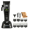 A black professional rotary hair clipper trimmer with various attachments shown on a white background.