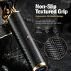 Close-up of a black textured grip styling tool with a gold accent, designed for non-slip handling.