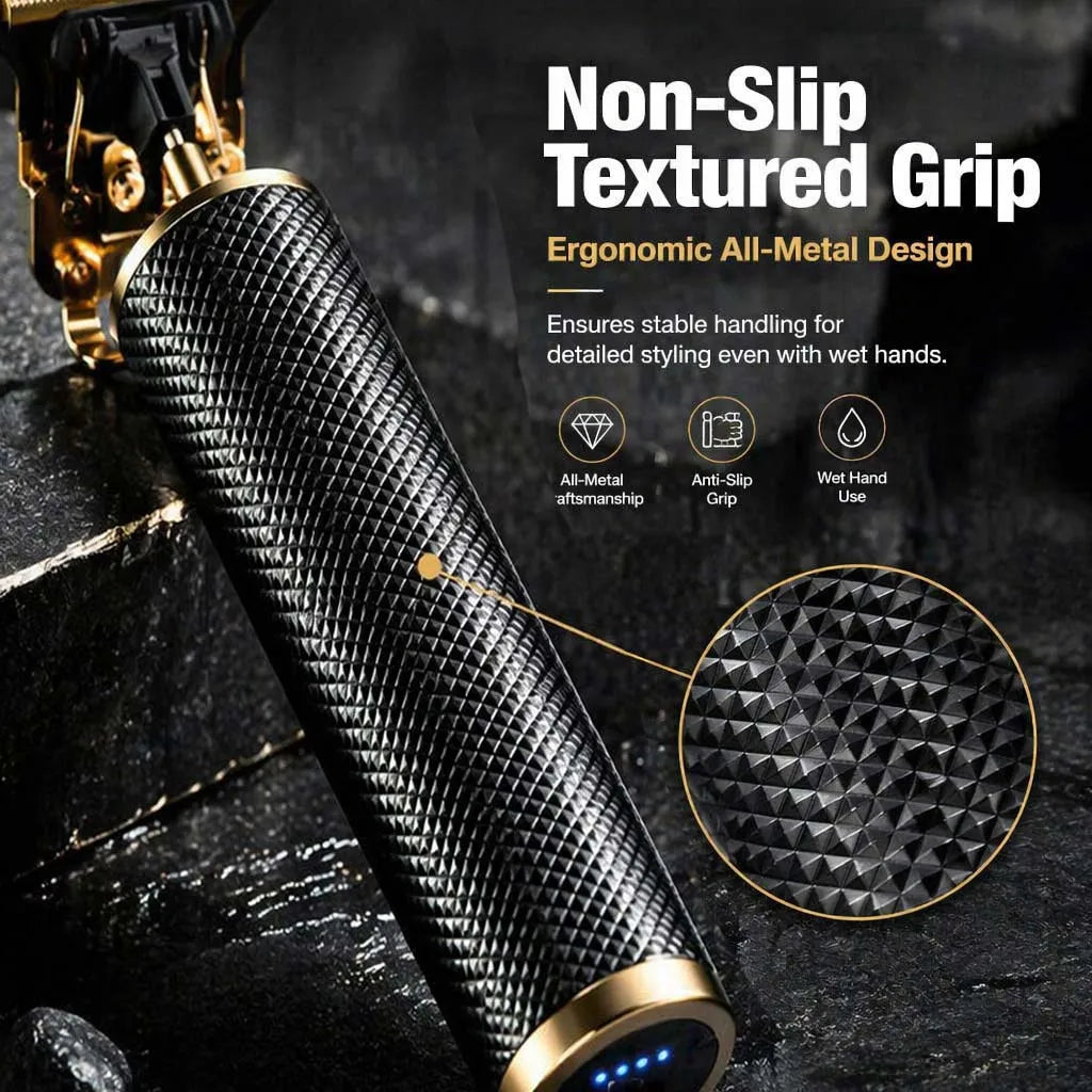 Close-up of a black textured grip styling tool with a gold accent, designed for non-slip handling.