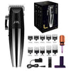 A professional rechargeable hair clipper with various guard attachments and a power cord is shown.