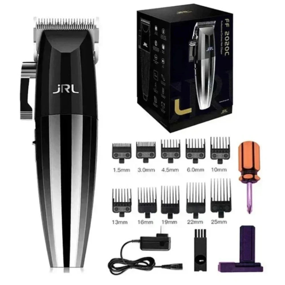 A professional rechargeable hair clipper with various guard attachments and a power cord is shown.