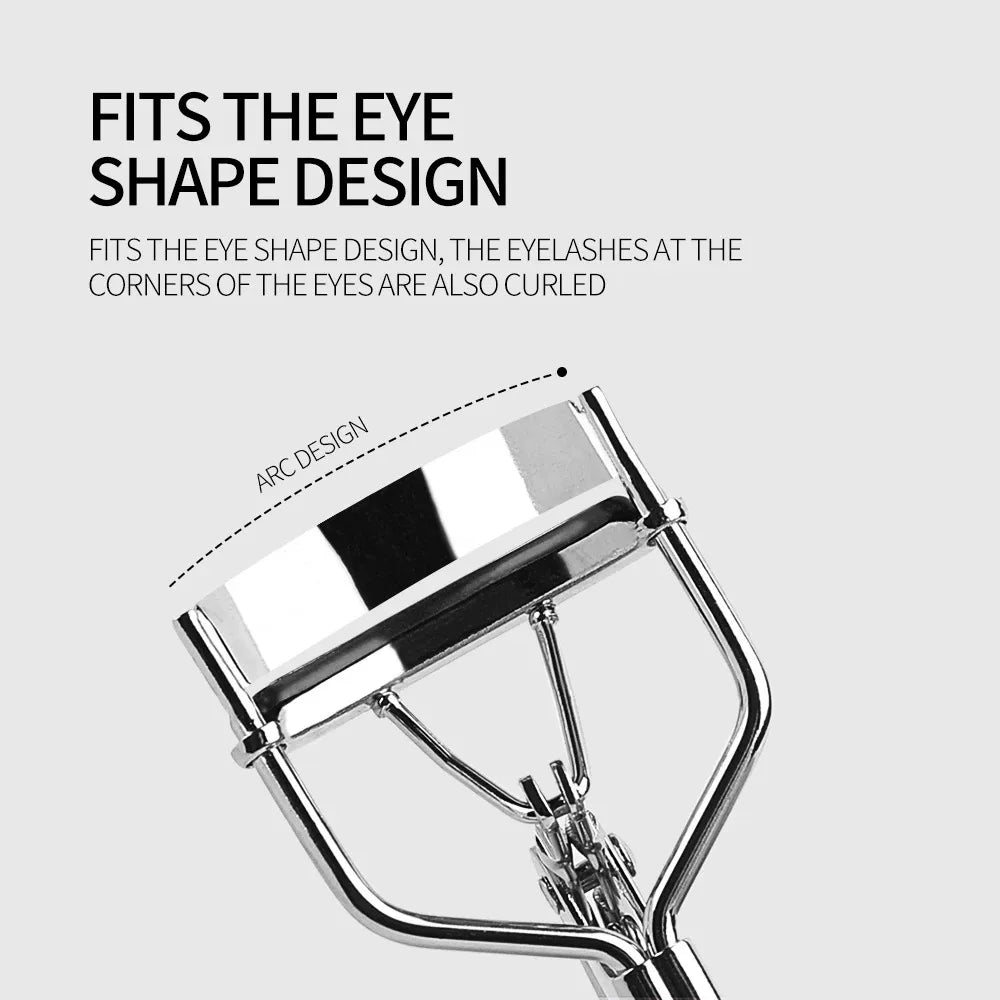 A close-up view of a silver makeup eyelash curler with an arc design.