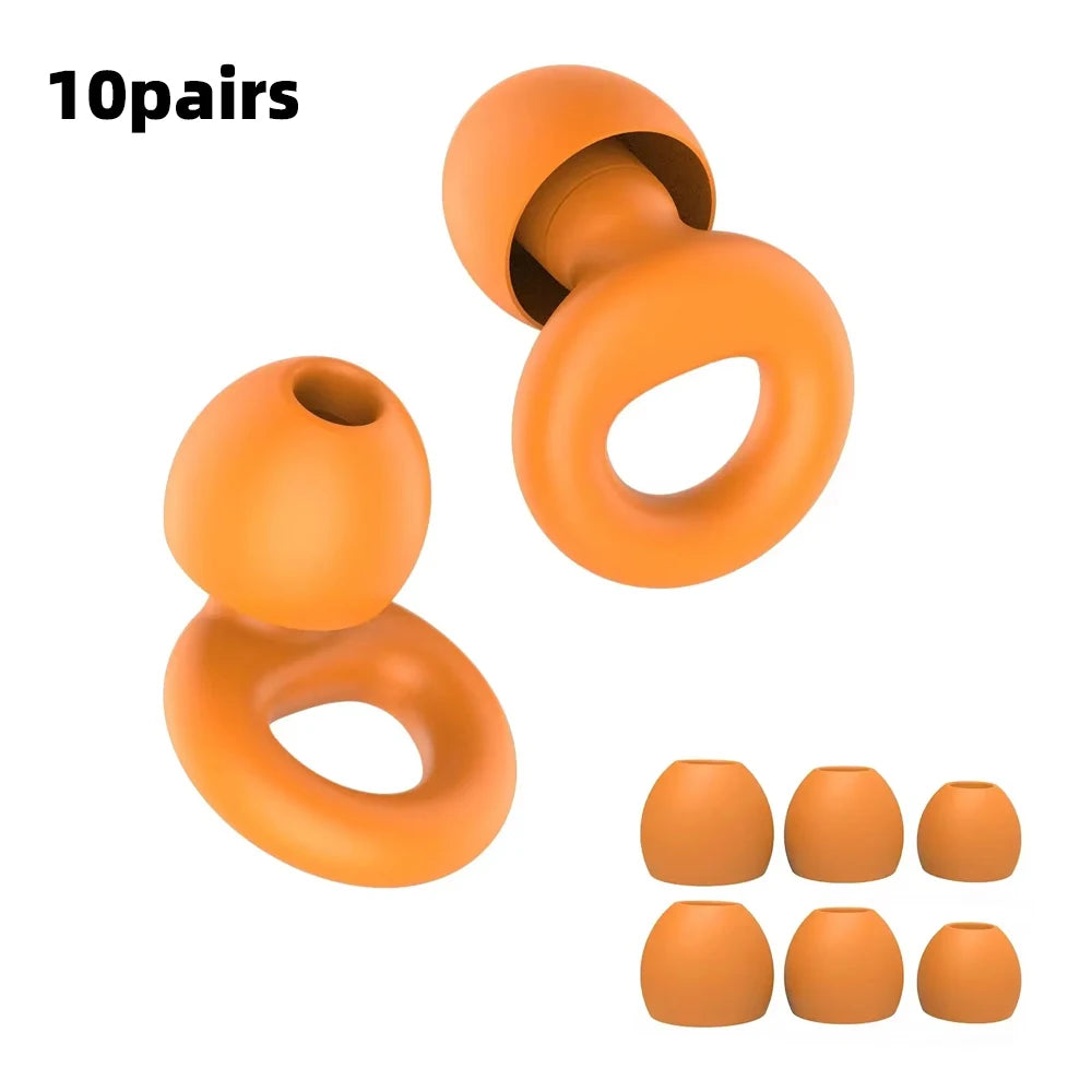 Ten pairs of orange silicone earplugs shown in various forms and angles.