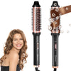 A woman is shown next to an electric hair curling comb with a copper-colored roller and black handle.