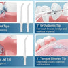 A set of oral irrigator tips including standard jet tips, orthodontic tips, periodontal jet tips, and tongue cleaner tips.
