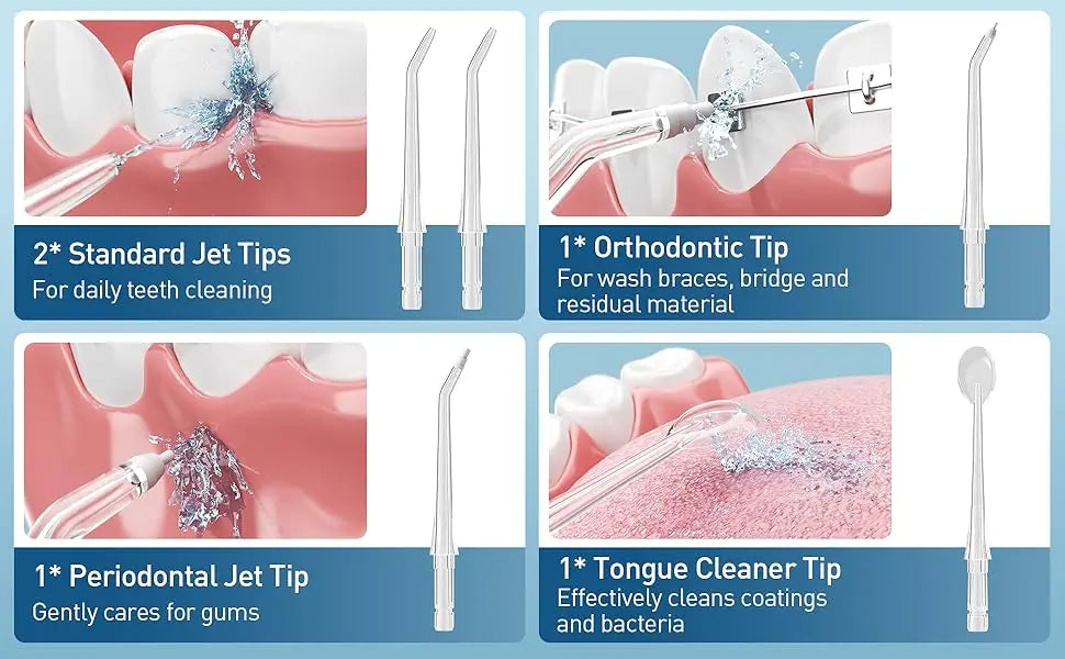 A set of oral irrigator tips including standard jet tips, orthodontic tips, periodontal jet tips, and tongue cleaner tips.