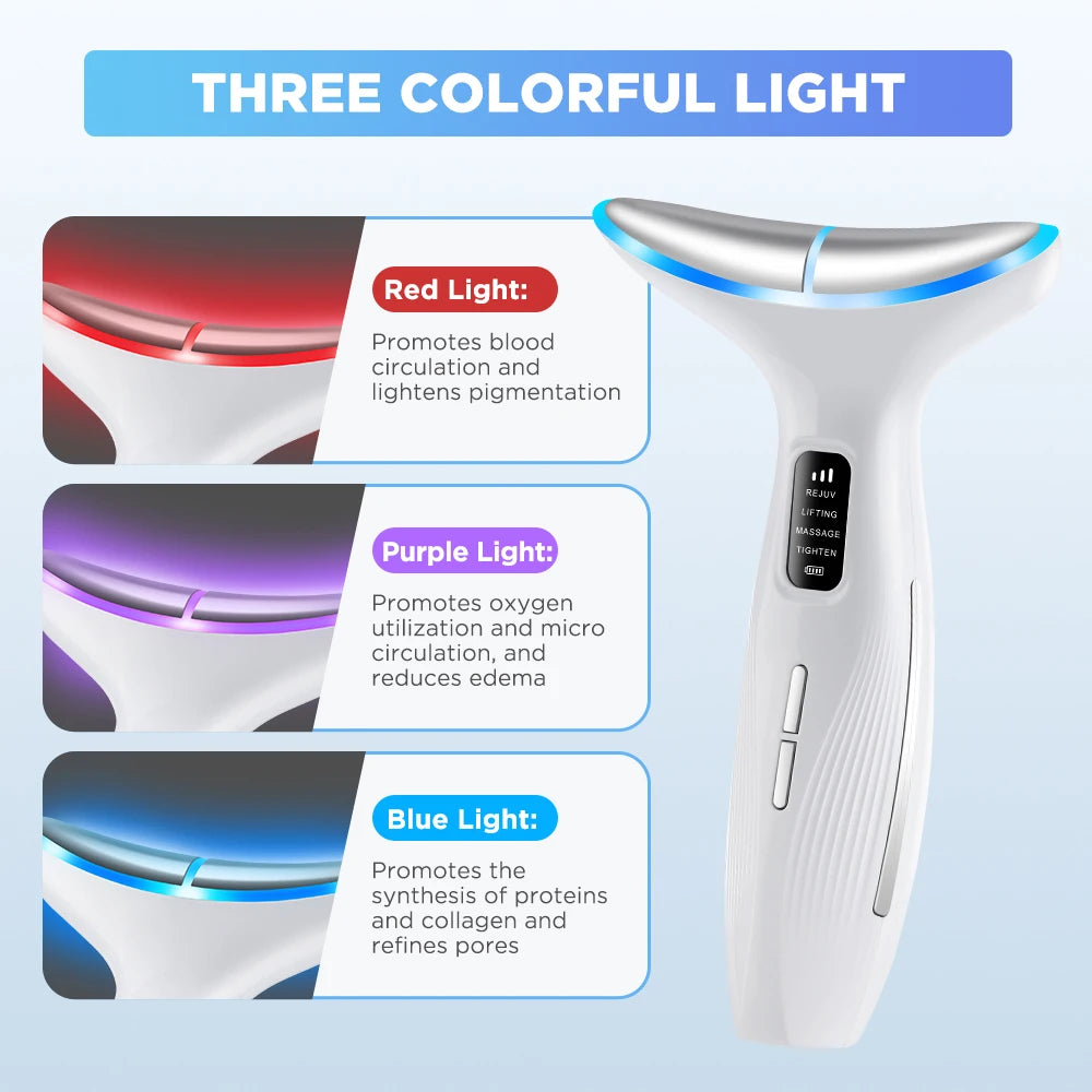 A white multi-mode LED beauty and massage device is shown with three colored light options: red, purple, and blue.