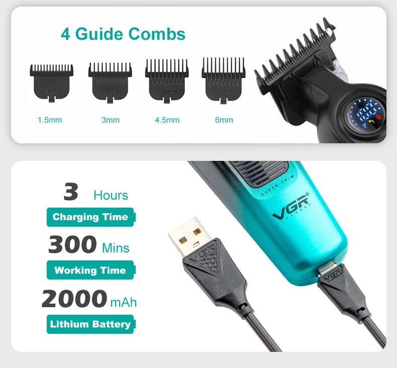 Set aus vier Führungsbürsten unterschiedlicher Größe und ein VGR-Akkupack für einen professionellen kabellosen Haartrimmer.