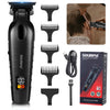 A black electric rechargeable full-body grooming trimmer with multiple attachments and a charging cable.