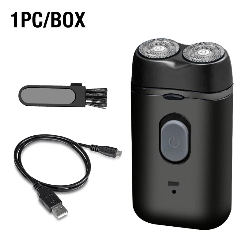 A black electric portable double-head shaver with a charging cable and brush attachment.