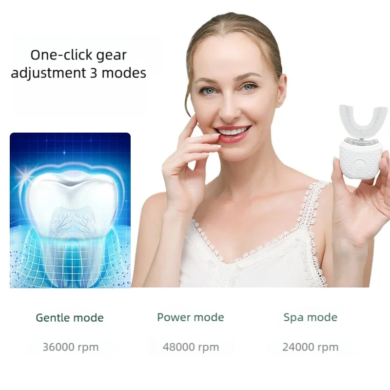 A woman is holding an ultrasonic electric toothbrush and demonstrating three adjustment modes: Gentle, Power, and Spa.