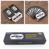 Pack of Matgicol Swedish stainless steel razor blades in a box and loose, showing different blade types.