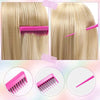 A set of pink hair styling combs and brushes shown in various angles on blonde hair.