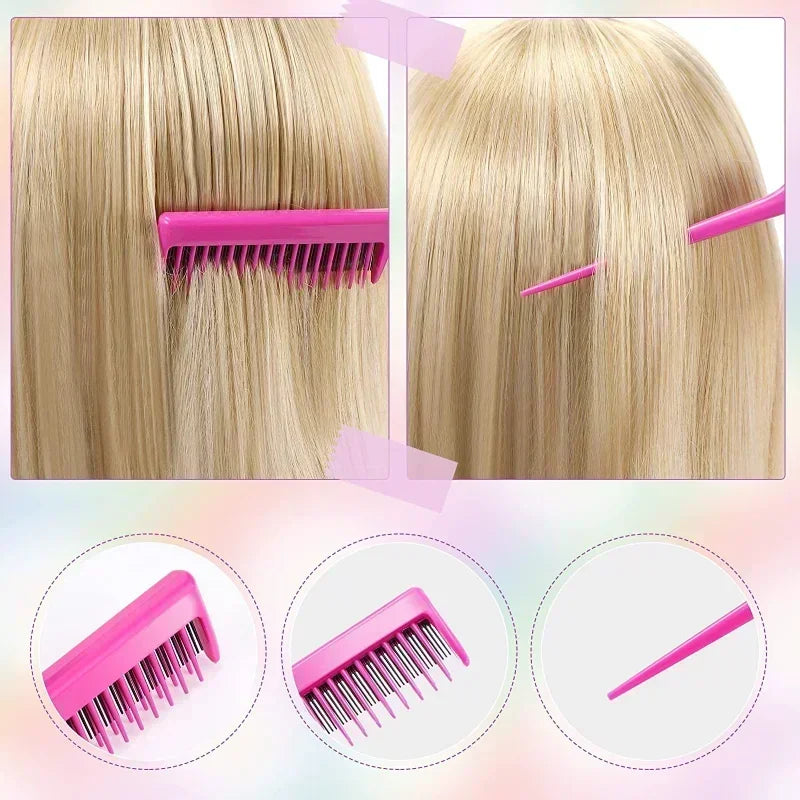 A set of pink hair styling combs and brushes shown in various angles on blonde hair.