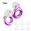 A set of ten purple and white silicone earplugs for noise reduction