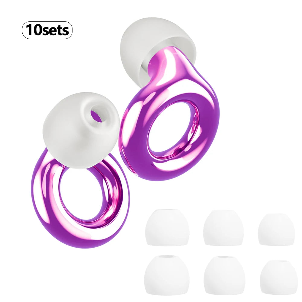 A set of ten purple and white silicone earplugs for noise reduction