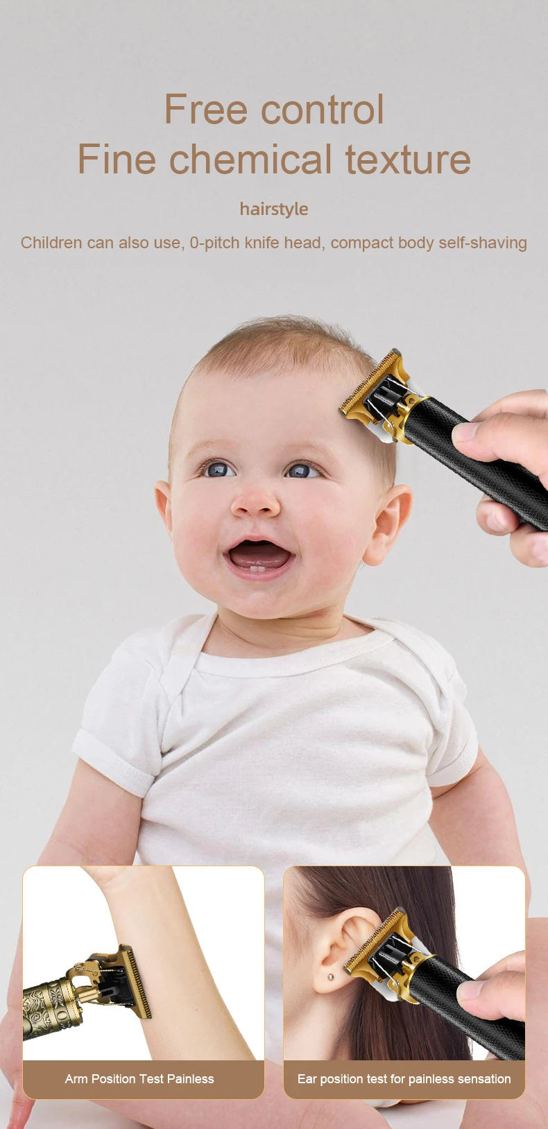 A baby is shown using a professional cordless electric hair clipper for fine chemical texture on their hairstyle.