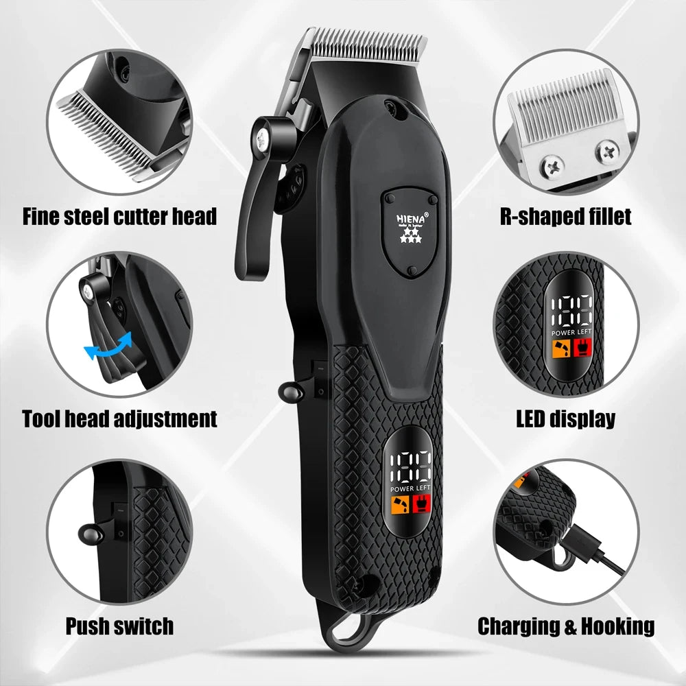 A black electric hair clipper with various attachments and features shown in detail.