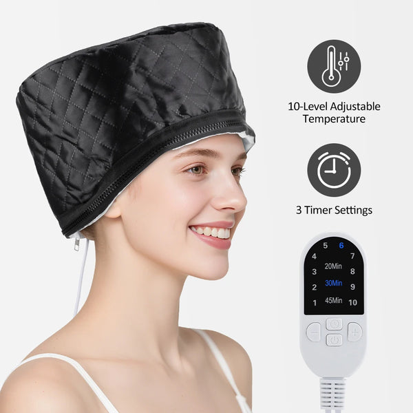 A woman is wearing a black electric hair steamer cap with adjustable temperature and timer settings.
