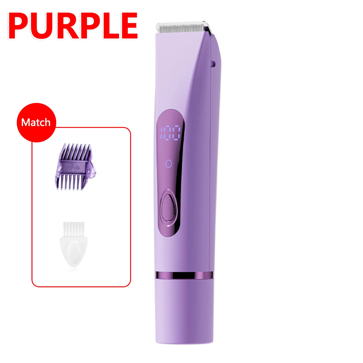 A purple 2-in-1 portable body and facial hair shaver with multiple attachments shown next to the main unit.