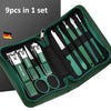 A green travel case holds a set of nine professional stainless steel manicure and pedicure tools.