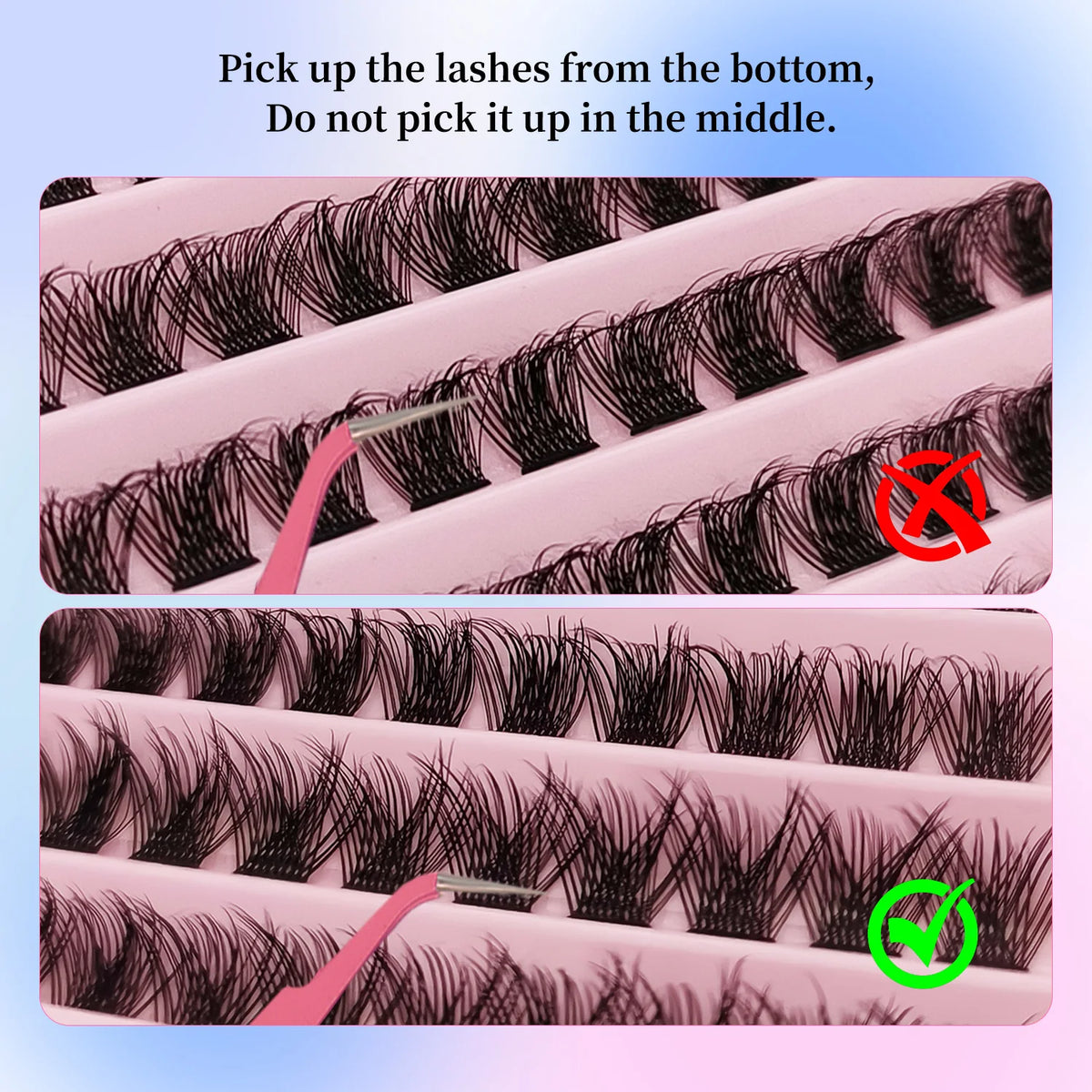 Diagram showing how to pick up lashes from the bottom of a lash strip, avoiding picking in the middle.