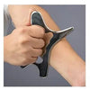 Three views of a stainless steel gua sha massage tool being used on the skin for pain relief.