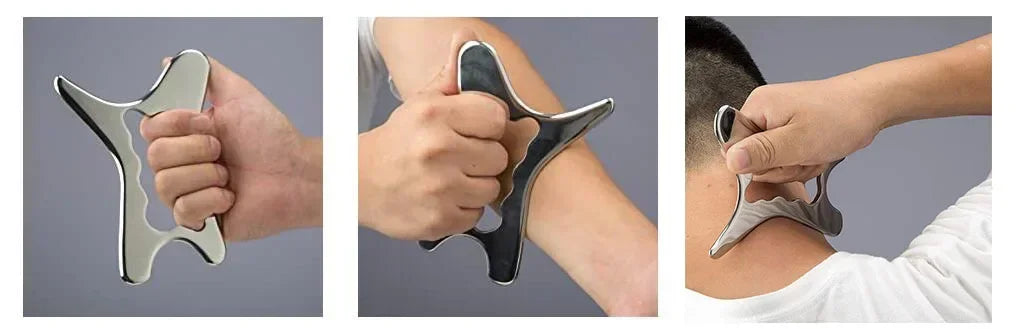 Three views of a stainless steel gua sha massage tool being used on the skin for pain relief.