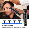 A set of four black electric combs for hair trimming shown next to a man using one on his head.