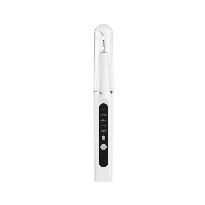 A white electric dental scaler with a clear tip and various power settings displayed on the body.