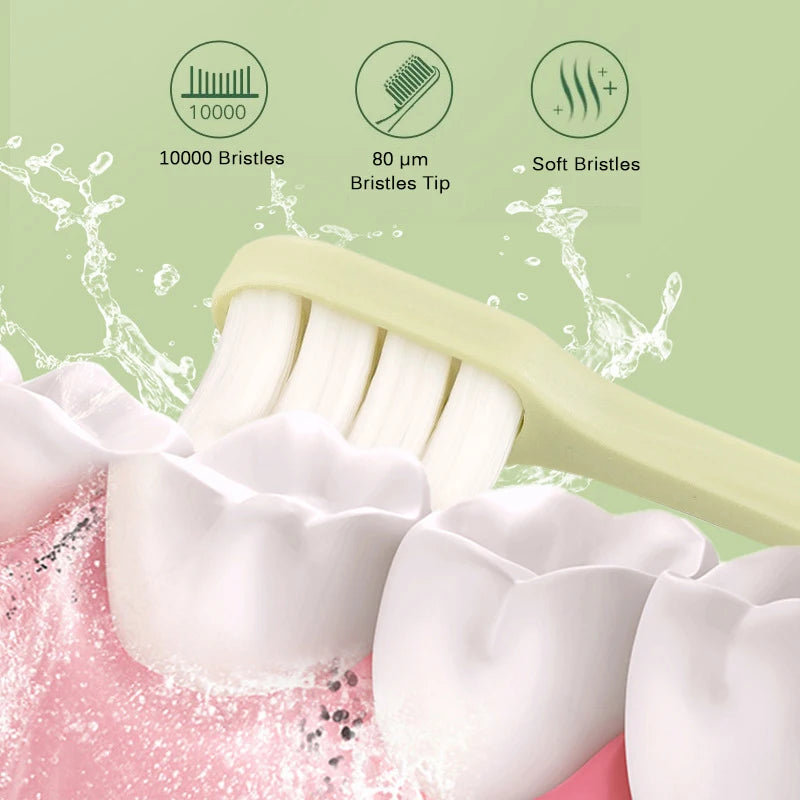 Brosse à dents vert clair avec poils souples, montrant les dents et une mousse, mettant en évidence 10000 poils et une pointe