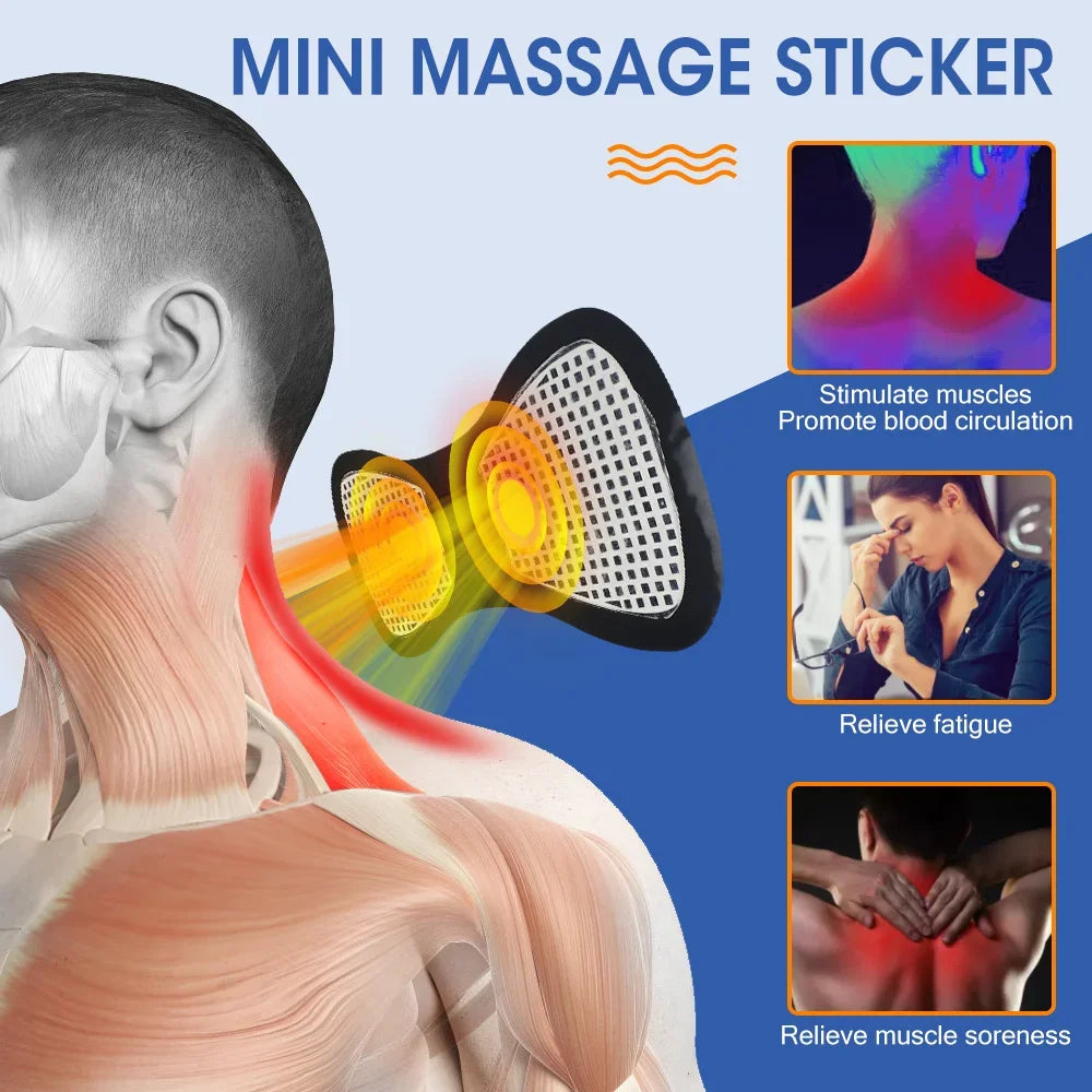 A mini massage sticker device is shown targeting the neck and shoulder area to stimulate muscles, promote blood circulation, 