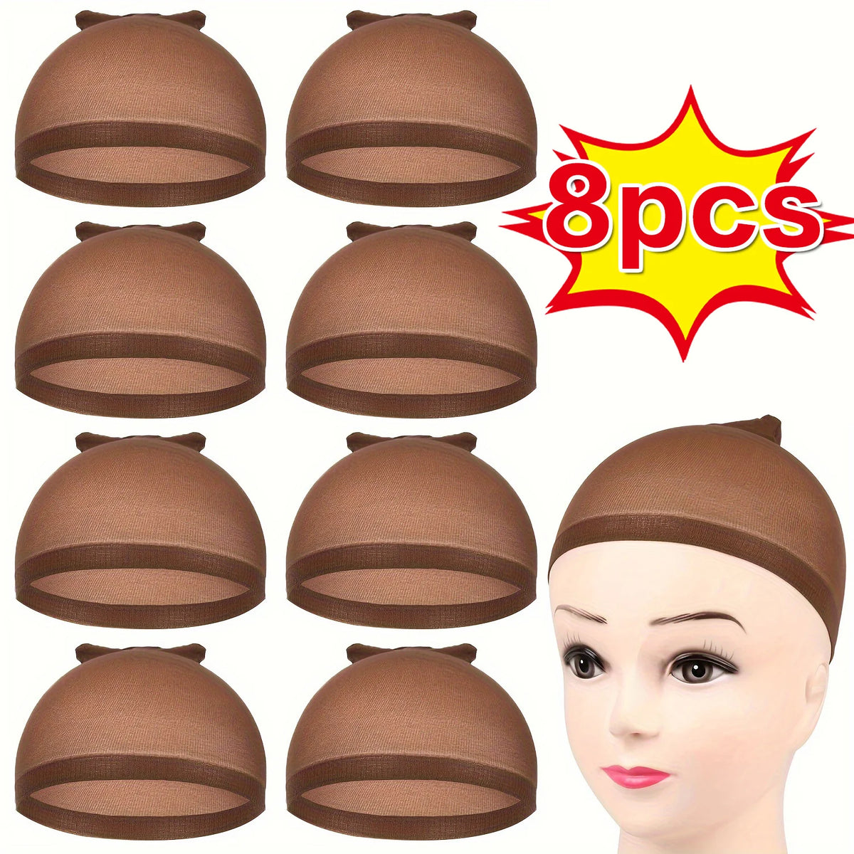 Eight brown nylon wig caps shown from various angles on a mannequin head.