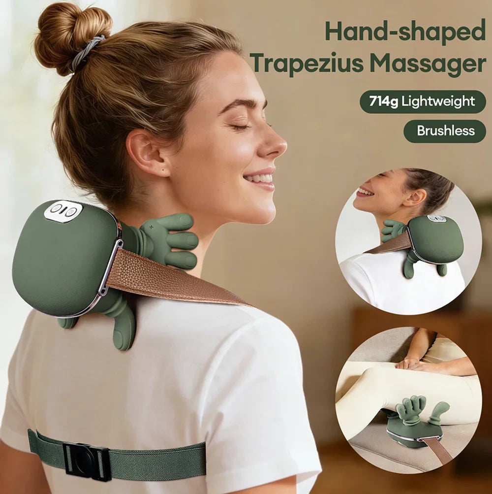 A woman is using a hand-shaped trapezius massager on her neck and shoulder.