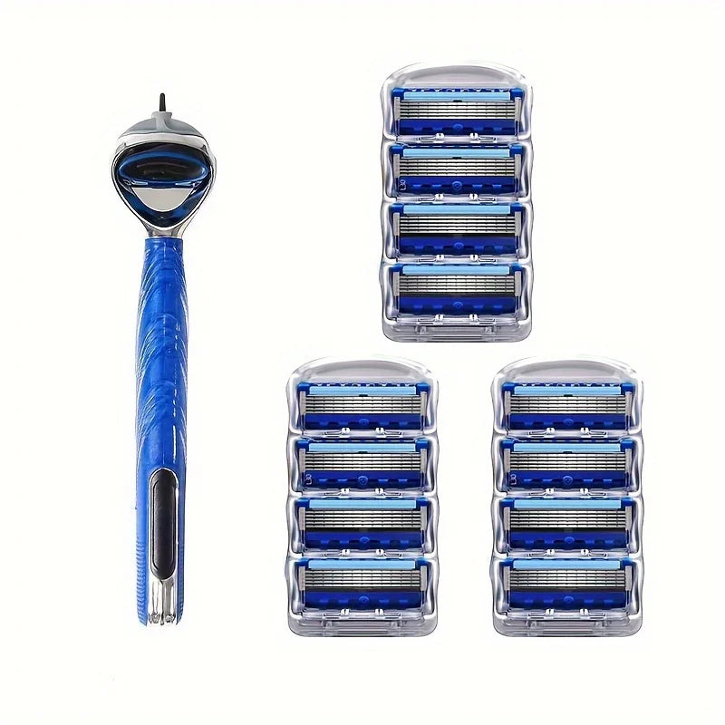 A set of stainless steel manual shavers, including a handle and multiple shaving heads.