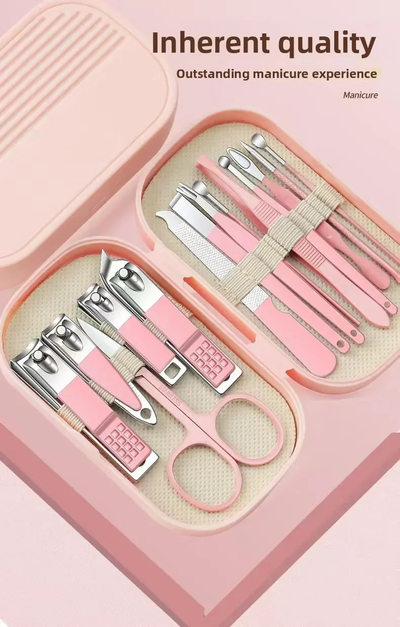 A pink manicure kit featuring a stainless steel nail clipper set with various tools and storage compartments.