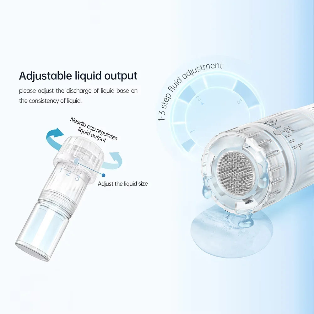 Adjustable liquid output for a professional EMS microneedling pen used for at-home skin rejuvenation.