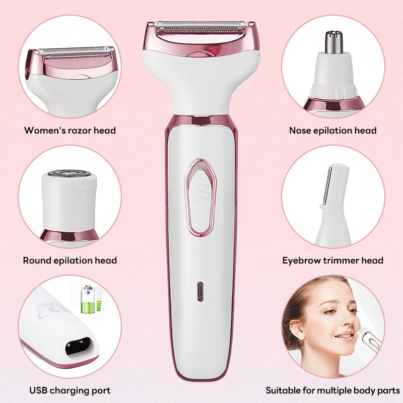 A white and pink 4-in-1 rechargeable epilator device shown with various interchangeable heads for facial and body hair remova