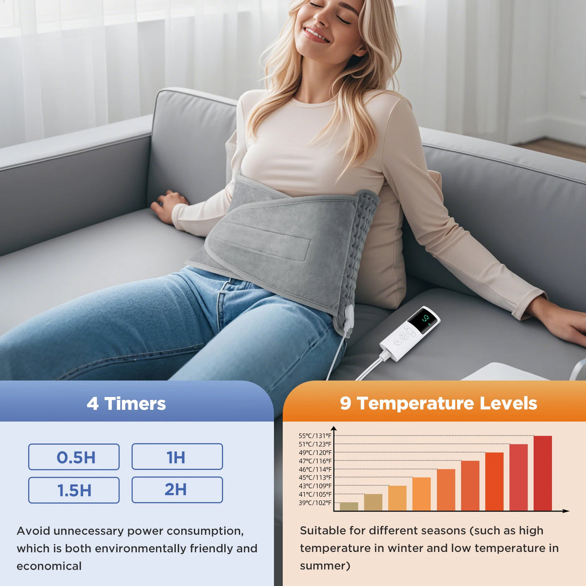 Eine Frau entspannt sich auf einem Sofa mit einer verstellbaren elektrischen Wärmedecke zur Schmerzlinderung.