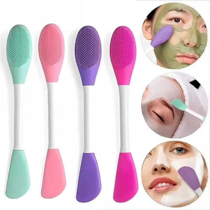 Un set de cinco cepillos de limpieza y mascarilla facial de silicona en varios colores, incluyendo verde, rosa, morado y mage