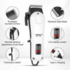 A white professional rechargeable hair trimmer kit showing various features like R-shaped corners, a stainless steel blade, a