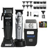 A set of professional electric hair clippers and various attachments for grooming.