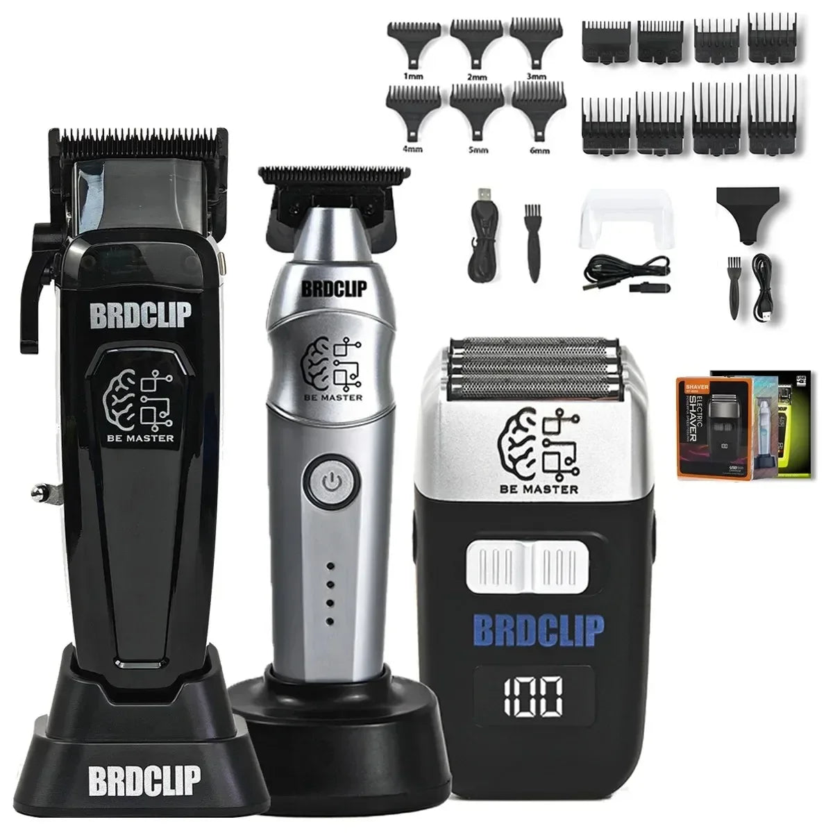A set of professional electric hair clippers and various attachments for grooming.