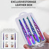 A clear storage box containing a set of precision stainless steel eyebrow trimming tools.