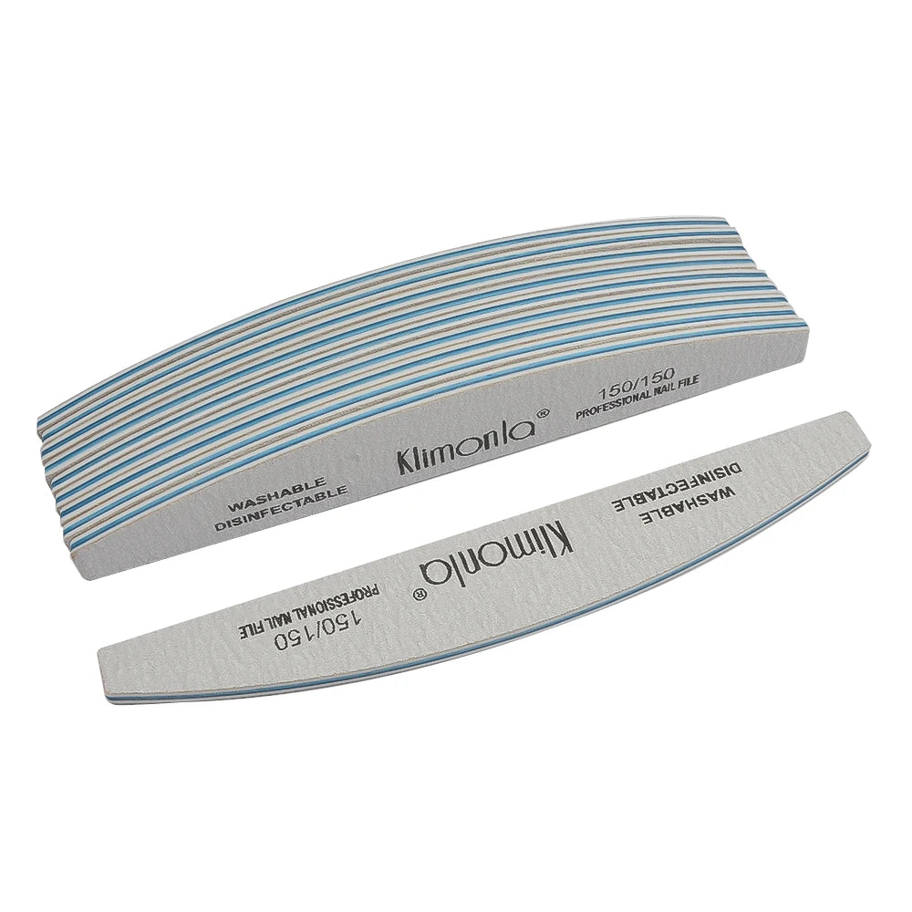 A set of two Klimonlo professional nail files with 150/150 grit and washable, disinfectable surfaces.