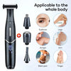 A black electric body and facial trimmer with multiple attachments for trimming eyebrows, legs, arms, fingers, and bikini par