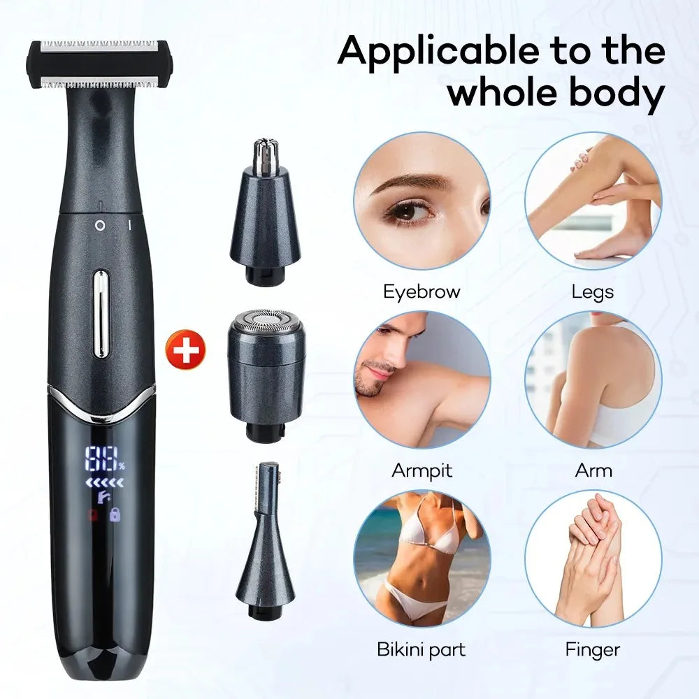 A black electric body and facial trimmer with multiple attachments for trimming eyebrows, legs, arms, fingers, and bikini par